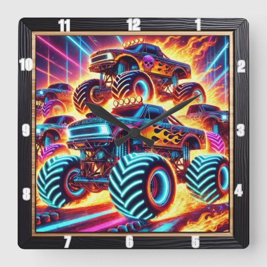 炎に包まれたアクション満載のネオン・モンスタートラック スクエア壁時計 (正面)