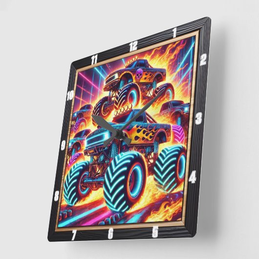 炎に包まれたアクション満載のネオン・モンスタートラック スクエア壁時計 (傾斜)