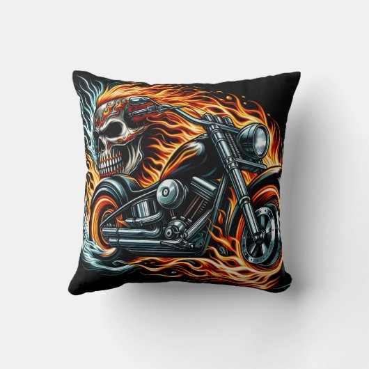 炎に包まれたスカルの燃えるオートバイ鮮やかク クッション (裏面)