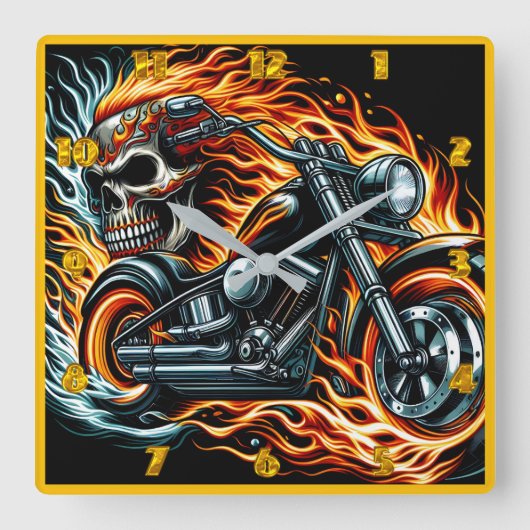 炎に包まれたスカルの燃えるオートバイ鮮やかク スクエア壁時計 (正面)