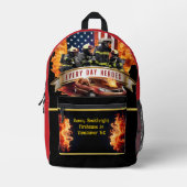 炎に包まれた日々のヒーロ救ーが消防車 プリントバックパック (正面)