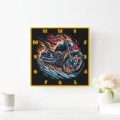 炎に包まれた轟音を上げるオートバイ スクエア壁時計 (ホーム)