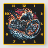 炎に包まれた轟音を上げるオートバイ スクエア壁時計 (正面)