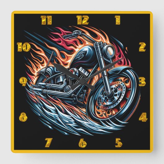 炎に包まれた轟音を上げるオートバイ スクエア壁時計 (正面)