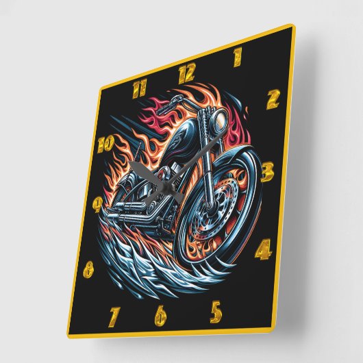 炎に包まれた轟音を上げるオートバイ スクエア壁時計 (傾斜)