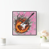 炎に包まれた鮮やかギターと音楽 スクエア壁時計 (ホーム)