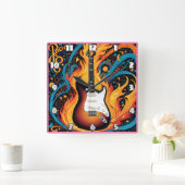 炎に囲まれたエレキギ鮮やかター スクエア壁時計 (ホーム)