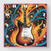 炎に囲まれたエレキギ鮮やかター スクエア壁時計 (正面)