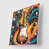 炎に囲まれたエレキギ鮮やかター スクエア壁時計 (傾斜)