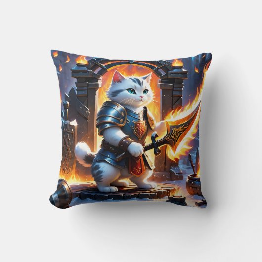 炎に照らされた要塞の中の戦士ネコ クッション (正面)