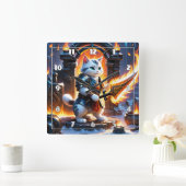 炎に照らされた要塞の中の戦士ネコ スクエア壁時計 (ホーム)