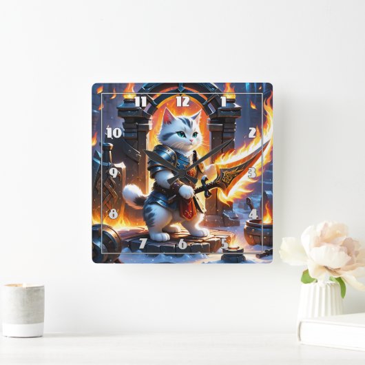 炎に照らされた要塞の中の戦士ネコ スクエア壁時計 (ホーム)