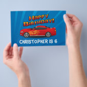 炎のついた赤いレーシングカー 男の子の誕生日パーティー チラシ (ハンドル)
