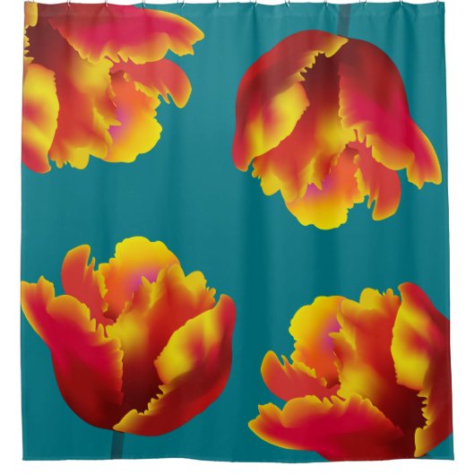 炎のオレンジ色のオウムのチューリップ シャワーカーテン (正面)