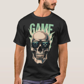 炎のゲーマー・スカル - レトロゲームパワーデザイン Tシャツ