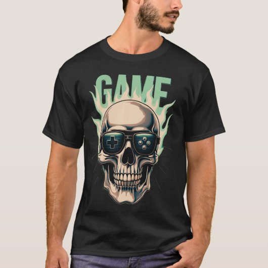 炎のゲーマー・スカル - レトロゲームパワーデザイン Tシャツ (正面)