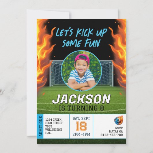 炎のサッカーテーマボーイズフォト誕生日 招待状 (正面)