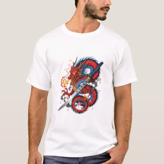 炎のサムライ竜 - 日本刀Tシャツ Tシャツ