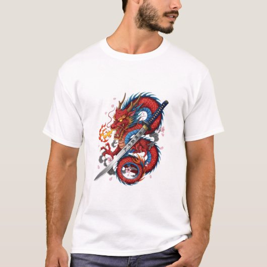 炎のサムライ竜 - 日本刀Tシャツ Tシャツ (正面)