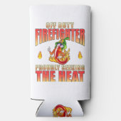 炎のチ誇りを持ったリキャラクター消防士が親指を上げる スリム缶クーラー (裏面)