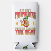 炎のチ誇りを持ったリキャラクター消防士が親指を上げる スリム缶クーラー (正面)