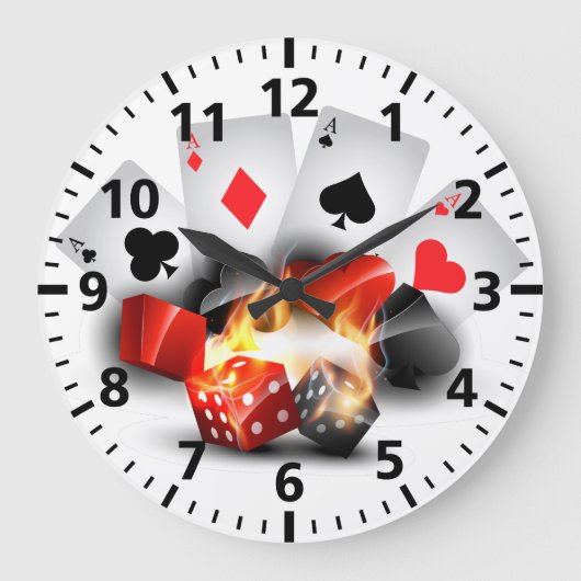 炎のトランプのポーカーのカジノの白 ラージ壁時計 (正面)