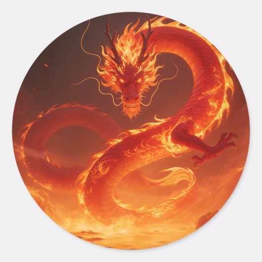 炎のドラゴン | 神話の炎の竜 ファンタジー ラウンドシール (正面)