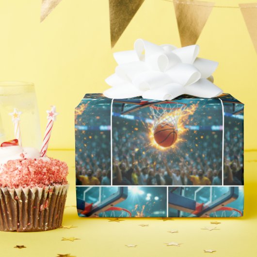 炎のバスケットボールがネットに突入 ラッピングペーパー (誕生日パーティー)