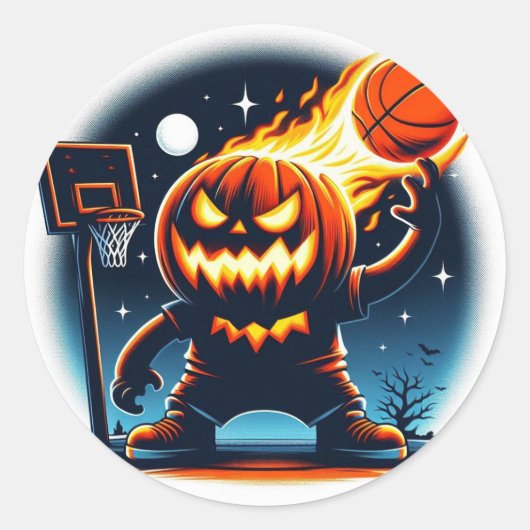 炎のバスケットボールパンプキン：ハロウィーンのナイトスポーツ ラウンドシール (正面)