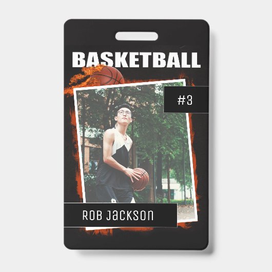 炎のバスケットボールパーソナライズ写真バッジ バッジ (表面)