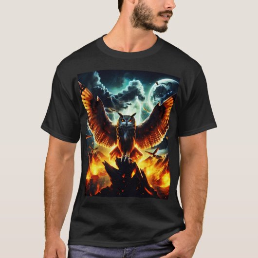 炎のフクロウの月の出 Tシャツ (正面)