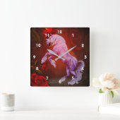 炎のユニコーンホースレッドローズファンタジー スクエア壁時計 (ホーム)