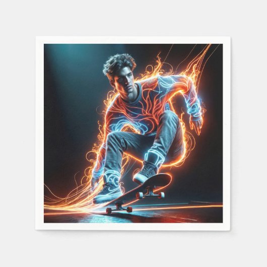 炎のライトトレイルを備えたネオンスケートボーダー スタンダードカクテルナプキン (正面)