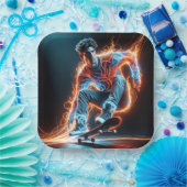 炎のライトトレイルを備えたネオンスケートボーダー ペーパープレート (パーティー)