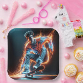 炎のライトトレイルを備えたネオンスケートボーダー ペーパープレート (パーティー)