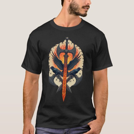 炎のワタリガラス ガーディアン: バイキングの剣と斧のエンブレム Tシャツ (正面)