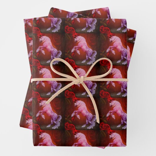 炎の一角獣の馬とバラ動物   ラッピングペーパーシート (インサイチュ)