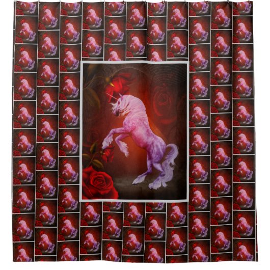 炎の一角馬とバラ動物 シャワーカーテン (正面)