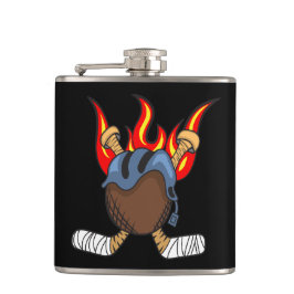 炎の中に燃えるパックとホッケースティック,ブラック フラスク