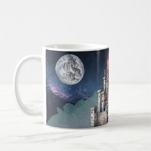 炎の中の美しさ 城とドラゴンマグカップ コーヒーマグカップ (左)