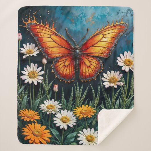 炎の中の蝶ファンタジー白カモミールの芸術 シェルパブランケット (正面)