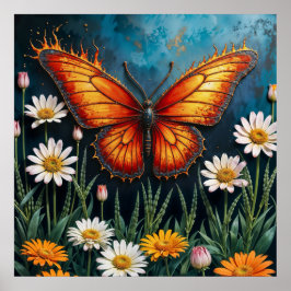 炎の中の蝶ファンタジー白カモミールの芸術 ポスター