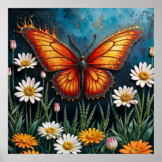 炎の中の蝶ファンタジー白カモミールの芸術 ポスター (正面)