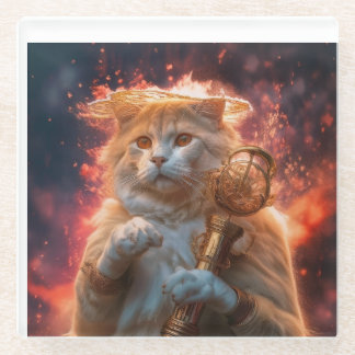 炎の中の魔法の杖を持つ猫の魔法使い ガラスコースター