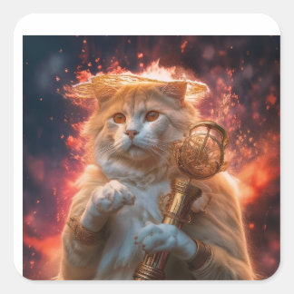 炎の中の魔法の杖を持つ猫の魔法使い スクエアシール