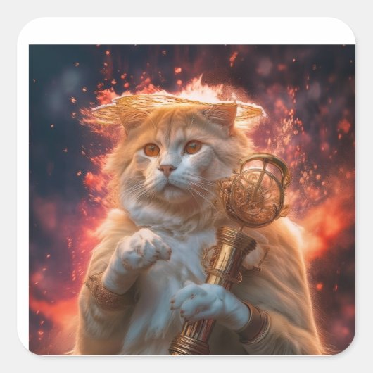 炎の中の魔法の杖を持つ猫の魔法使い スクエアシール (正面)