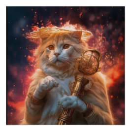 炎の中の魔法の杖を持つ猫の魔法使い ポスター