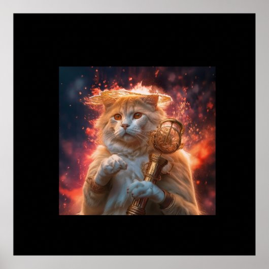 炎の中の魔法の杖を持つ猫の魔法使い ポスター (正面)