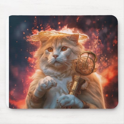 炎の中の魔法の杖を持つ猫の魔法使い マウスパッド (正面)