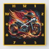 炎の中を駆け抜ける翼を持つ炎のオートバイ スクエア壁時計 (正面)